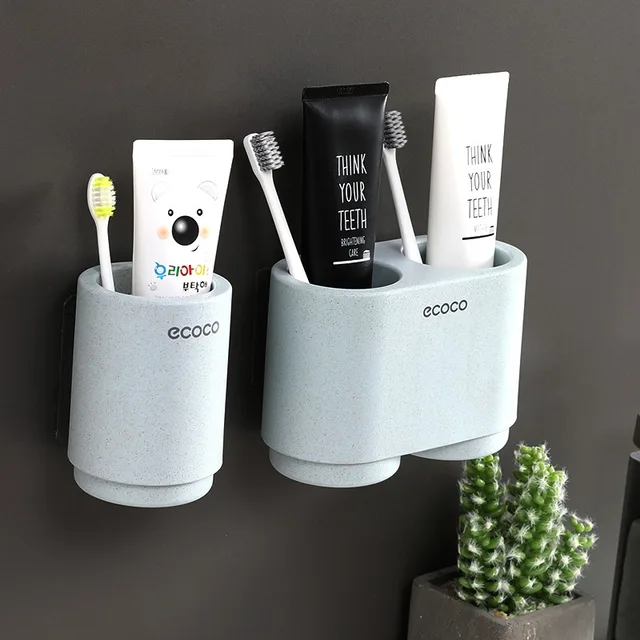 ECOCO Magnetic Adsorption Inverted Toothbrush Holder Simple Toothpaste Storage Rack with Wash Cup Punch Free Bathroom Sets Blue Single -double