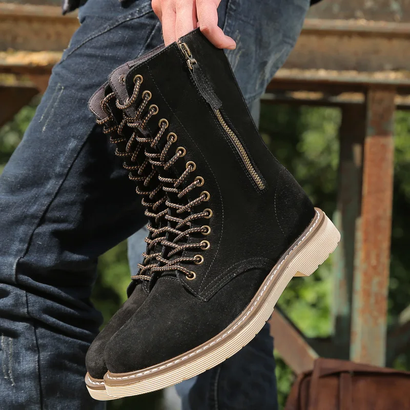 

2018 Autumn And Winter New Style Boots Martin Boots Men's Rubber Sole Thigh Boot Lace-up Side Zipper Top Layer Pigskin Leather