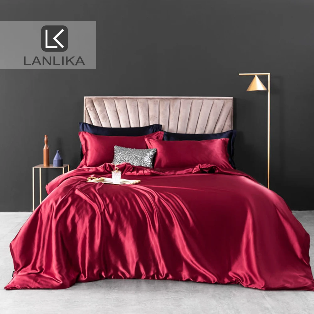 

Lanlika Flat Or Fitted Sheet Elastic Band 100% Silk Bed Linen Set Euro Luxury Double Queen King Single Twin Wine Red Bedding Set