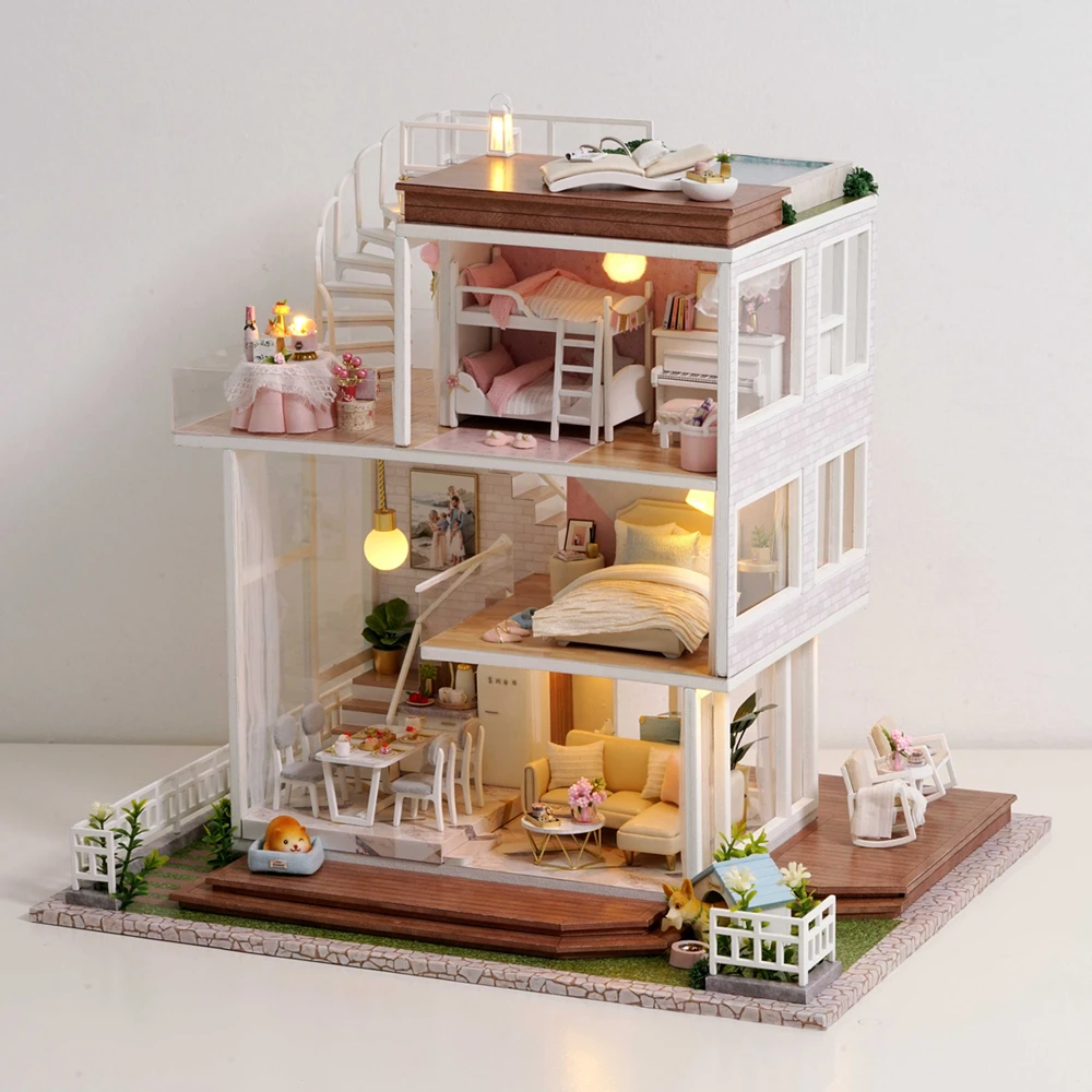 Wood DIY Mini Kitchen Doll House Assemble Dollhouse Educational Toys Craft #Z 