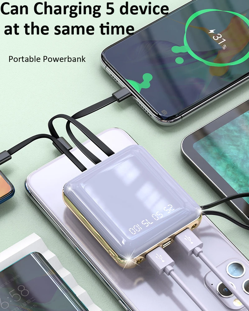 20000mAh Mini Power Bank Mirror Screen Digital Display Powerbank Built in 4 Cables External Battery Poverbank For Xiaomi iPhone 20000mAh Mini Power Bank Mirror Screen Digital Display Powerbank Built in 4 Cables External Battery Poverbank For Xiaomi iPhone