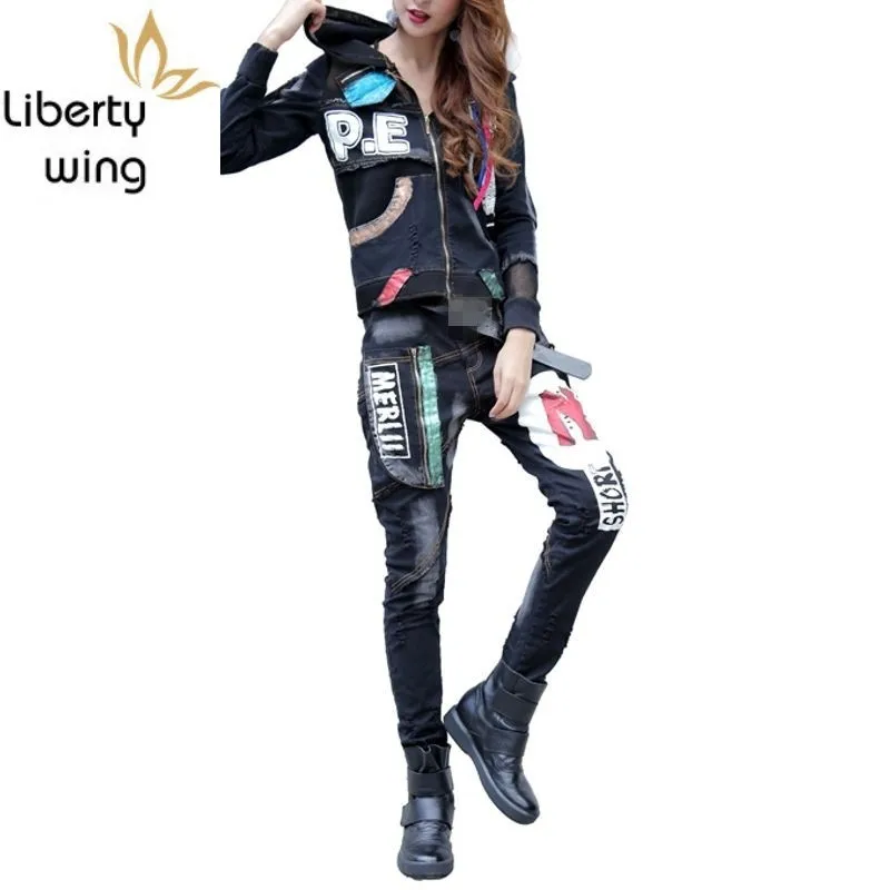 

New Fashion Hot Sale Zipper Printed Casual Pants Female Sets Punk Motorcycle Biker Vintage Retro Jacket Hooded Plus Size