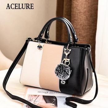 

ACELURE Striped Patchwork PU Leather Fur Ball Pendant Elegant Ladies Fashion Handbag Purse Women Shopping Shoulder Crossbody Bag