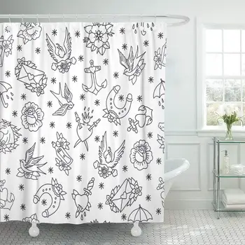 

Sailor Doodle Pattern Traditional Tattoo Flash Ink Dagger Sketch Shower Curtain Waterproof Polyester Fabric 72 x 72 Inches
