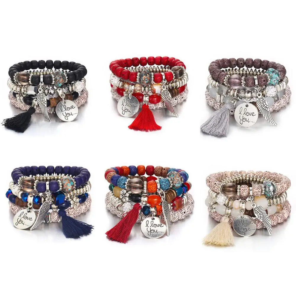 4 шт./компл. Натуральный Камень Кристалл Опал с бахромой и украшением из бисера браслет Для женщин в этническом стиле ретро браслет ювелирные изделия