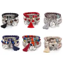 4 шт./компл. Натуральный Камень Кристалл Опал с бахромой и украшением из бисера браслет Для женщин в этническом стиле ретро браслет ювелирные изделия