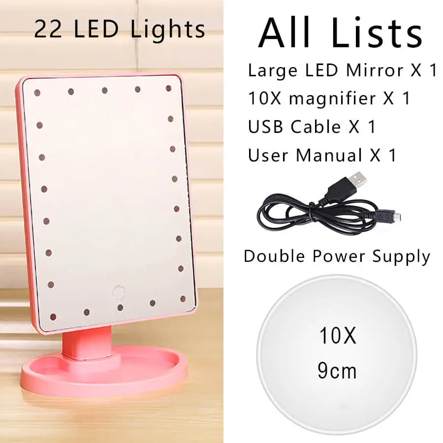 10X увеличительный светодиодный светильник s зеркало для макияжа с лампой 15X лупа USB Батарея косметическое стекло макияж светильник мини Косметическая присоска - Цвет: Large 22 LED Pink