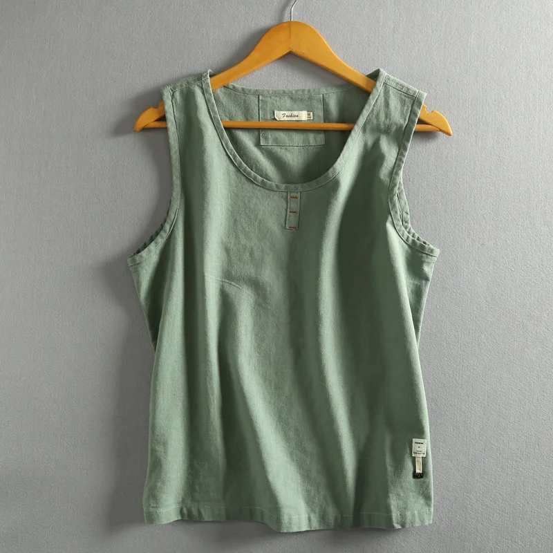 Зеленый Ropa De Hombre летняя новая Мужская льняная майка повседневная спортивная майка без рукавов Молодежная Ретро Майка - Цвет: Зеленый