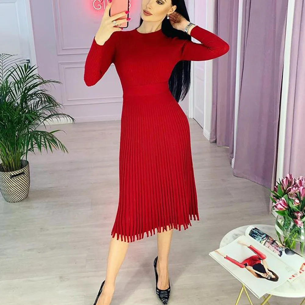 Vestido de punto plisado acanalado para mujer, suelto, de moda, con retazos, manga larga, cintura alta, de punto, vestido maxi femenino de otoño, nuevo