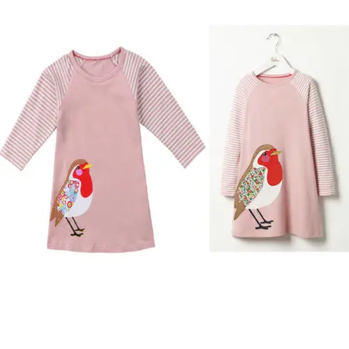 

Pudcoco New Summer Pink Dress Baby Kids Girls Bird Striped Long Sleeve Princess Dress Party Children Casual Clothes 2-7Y