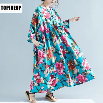 

Retro vintage Beach Style Loose Ethnic floral print Swing Cotton Linen Dress