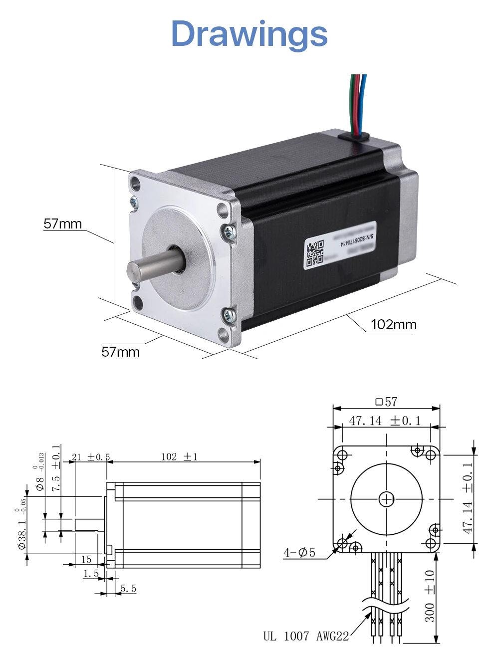 Cloudray-Nema23 Stepper Motor, 2 Phase, 300Ncm, 5A,