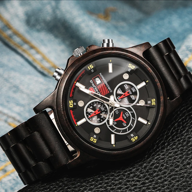 

Multi-Function New Pattern Wooden Watch Male Unique Sport Watch Wristwatches for Male Zebra Wooden Calendar Display Black