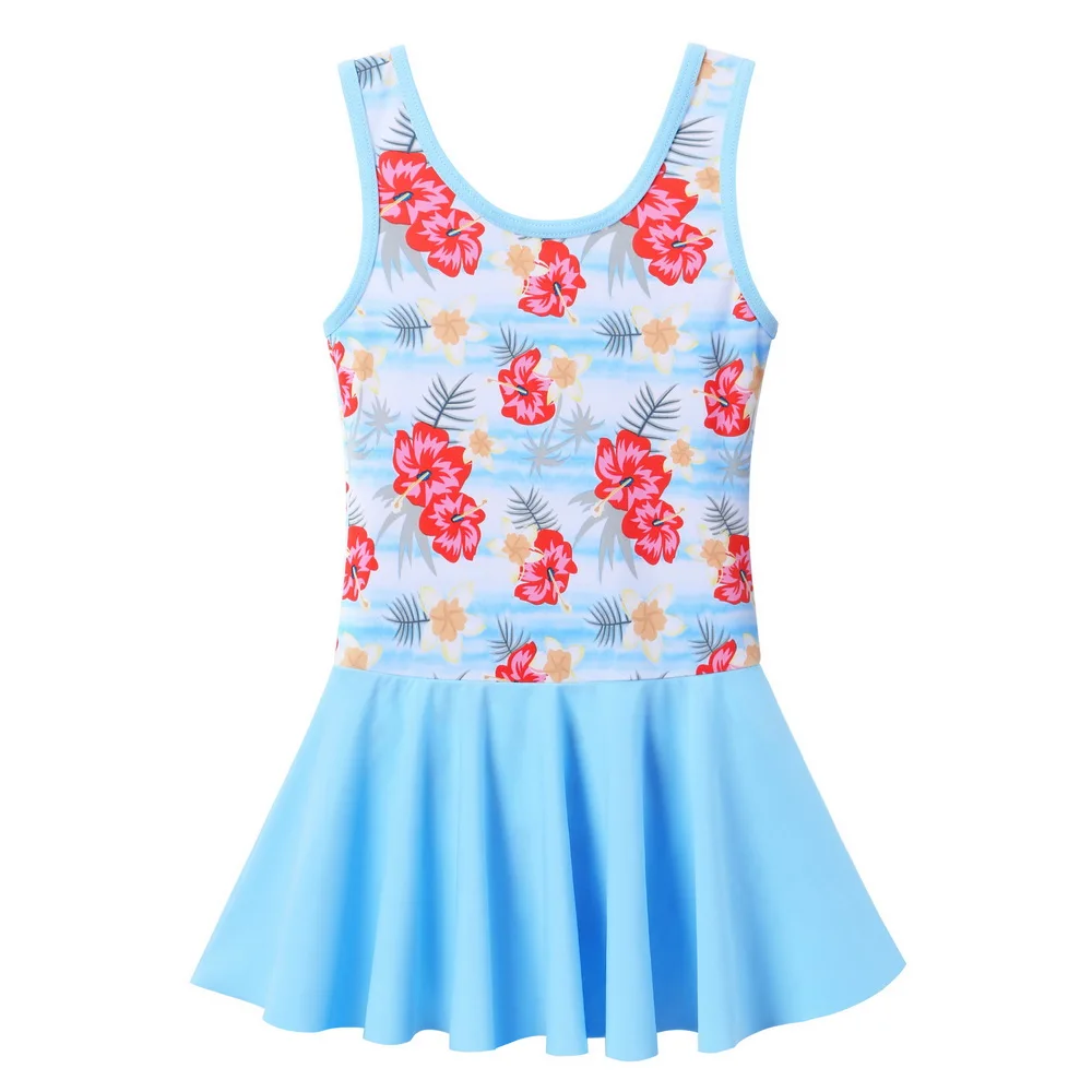 

BAOHULU Girls One-Piece Swimsuit for Kid Print Flower Swimwear for 3-10 Years Girls Blue Swim Dress Summer Beach Bathing Dress