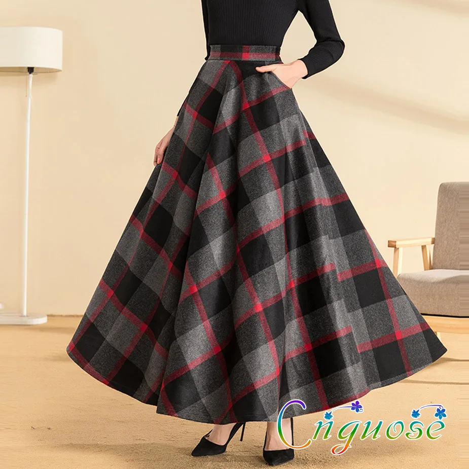 2019 Herfst Winter Plus Size vrouwelijke lange Wollen Plaid Grid Hoge Taille a-lijn Maxi Rokken voor Vrouwen/vrouwen dames Lange rok