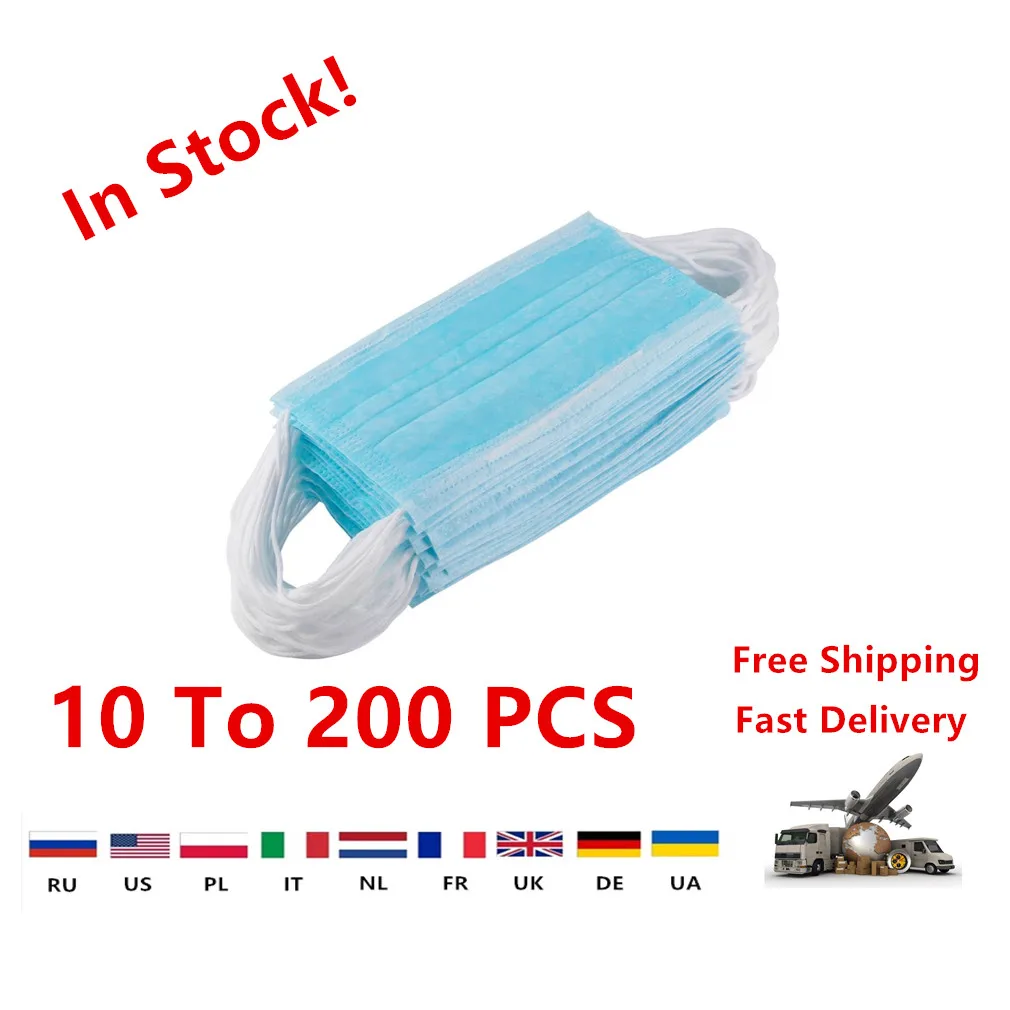 

10 to 200 PCS In Stock Disposable Masks Mouth Mask 3-Ply Anti-Dust Nonwoven Elastic Earloop Salon Mouth Face Masks