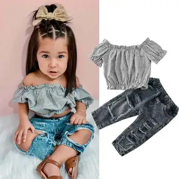 

Pudcoco Baby Girls Clothes Set Kid Off Shoulder Crop Tops + Ripped Jeans Pants 2PCS Summer Outfit Clothes For Girls 1-6Y