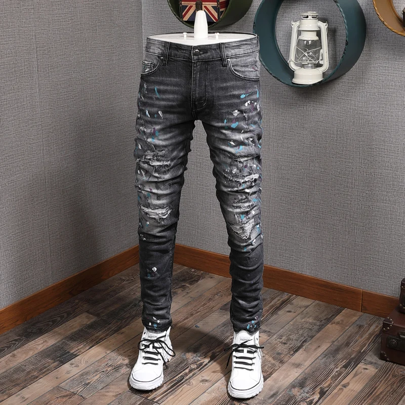 

Fashion Streetwear Men Jeans Black Gray Color Elastic Slim Fit Destroyed Ripped Jeans Men Printed Designer Hip Hop Jeans Homme