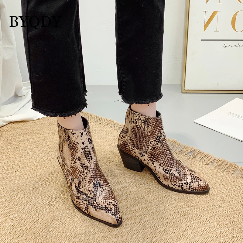

BYQDY Snake Print Leather Ankle Boots High Heels Boots Women Winter Shoes Female Pointed Toe Botas Woman Spring Autumn Boots