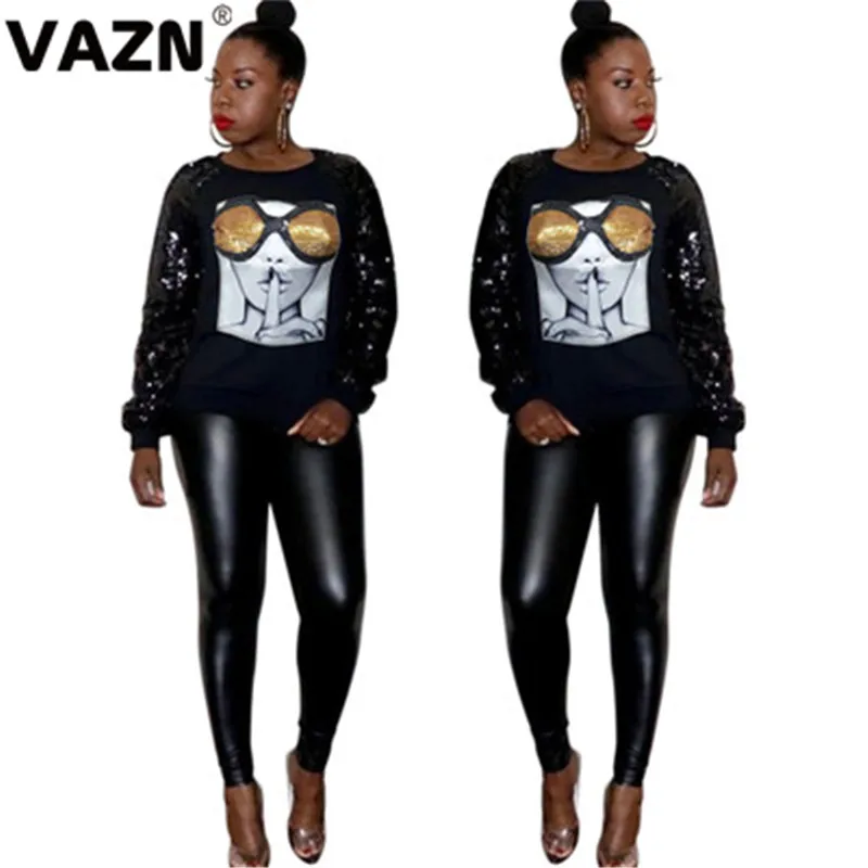 VAZN,, популярные, расшитые блестками, классические, черные, для молодых, повседневные, Неопрятные, модные, длинный рукав, для женщин, тонкие, обычные толстовки