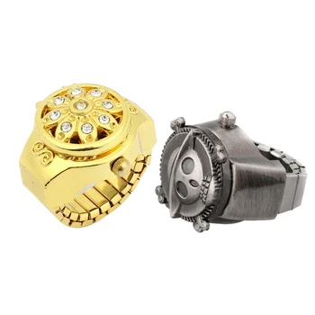 

2Pcs Skull Pirate& Round Dial Crystal Flower Decor Elastic Band Finger Ring Wat