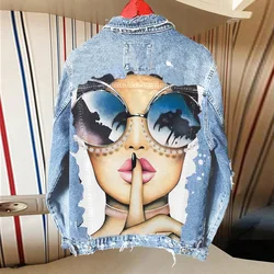 City Girl Personality Printing Autumn And Winter Hot Sale Foreign Trade Casual Denim Jacket Women's New Coat Wholesale
