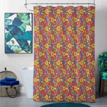 

Shower Curtains Rings Colorful,Stained Glass Style Pattern with Flower Motifs Geometrical Star Shapes Mosaic Tile,