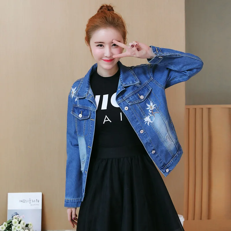 Фото фотосессия Южная Корея Осень стиль ретро промышленная Вышивка свободный крой Универсальные синие джинсы пальто джинсовая куртка
