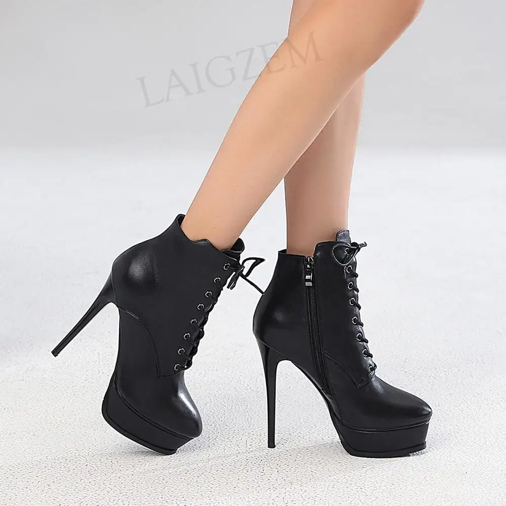 

LAIGZEM Women Ankle Platform Boots Genuine LEATHER Stiletto High Heels Short Boots Dress Shoes Woman Big Size 33 37 38 39 41