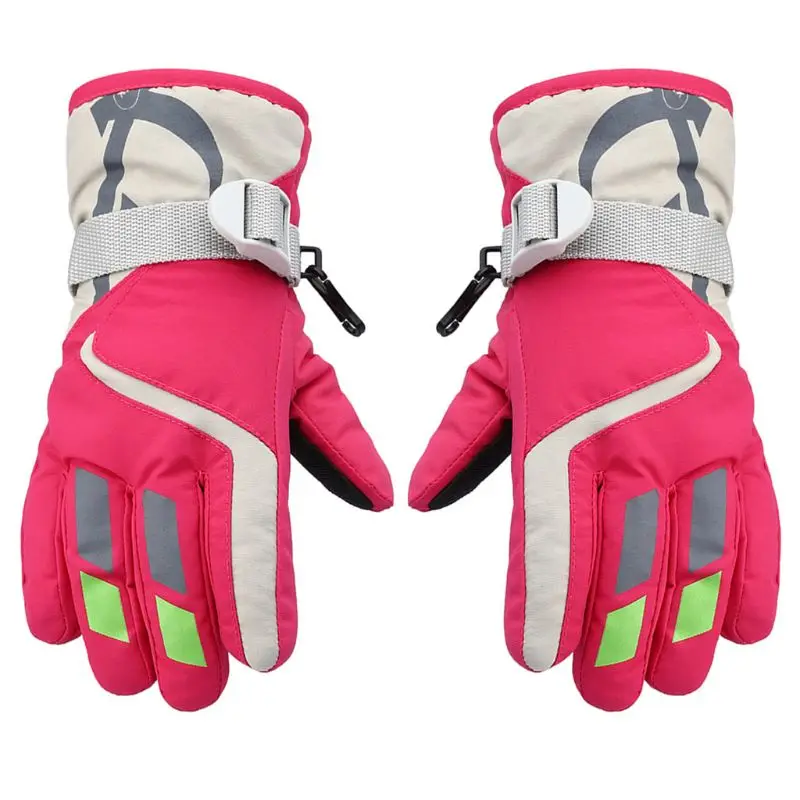KLV Children Boys Girls Winter Warm Windproof Waterproof Sports Ski Gloves Kids Breathable Adjustable Glove - Color: Rose Red