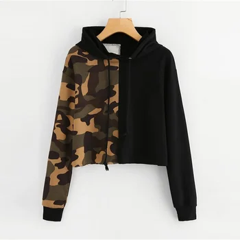 

Two Tone Camo Panel Hoodie Crop Sweatshirt Women Pullover Autumn Cut and Sew Drawstring Sporting Casual Sweatshirts