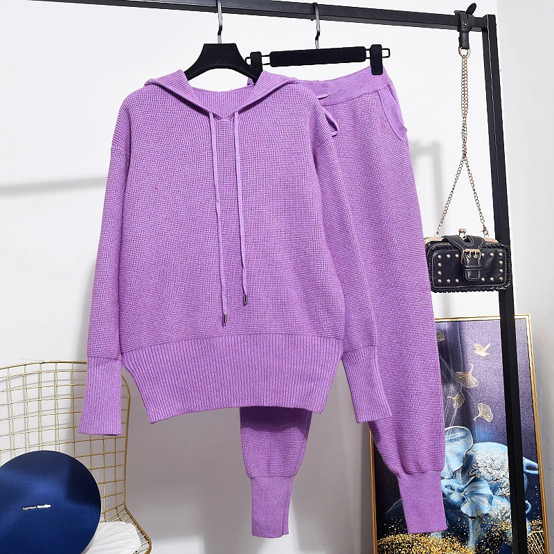 

Fashion Hooded Knitted Sweater + Long Pencil Pants Women 2 Piece Set Loose Solid Color Sports Tracksuits Female Knitting Outfits