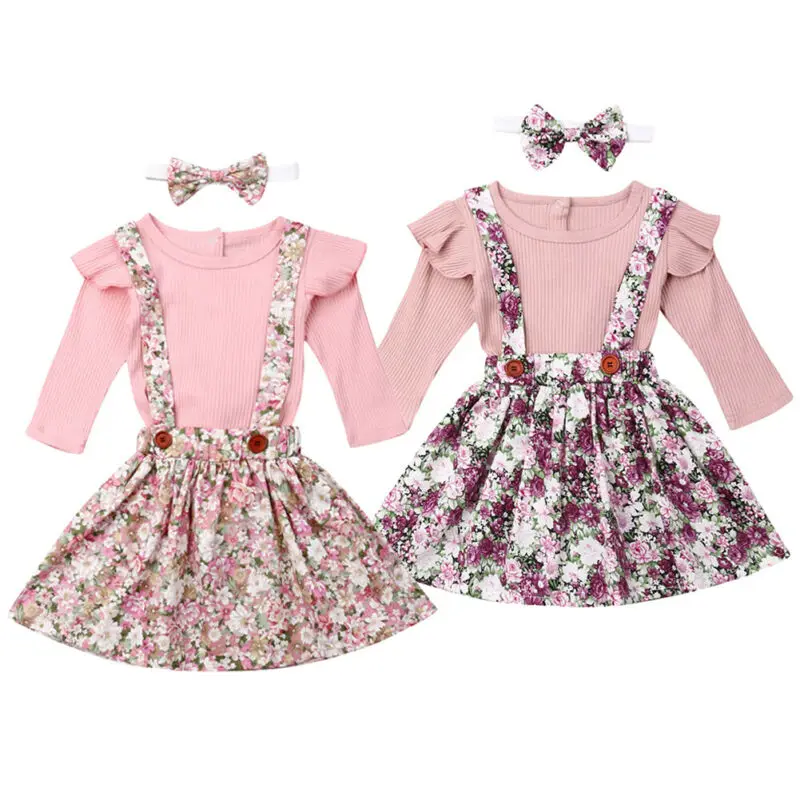 

3Pcs/Set Baby Girls Autumn Spring Clothes Set Casual Newborn Baby Girl Outfit Long Sleeve Ruffles Pink Romper+Floral Bib Skirts