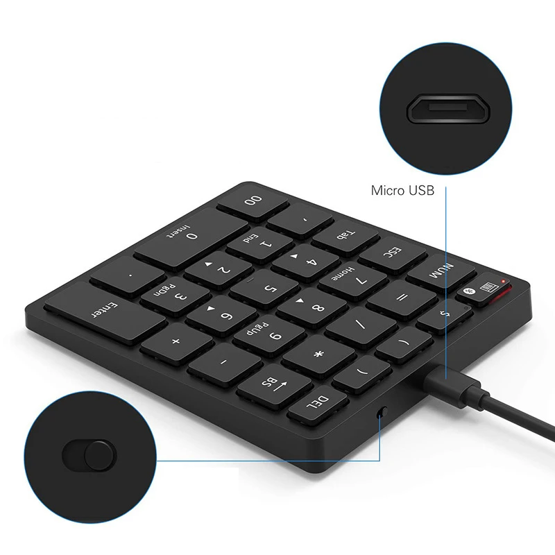 Цифровая клавиатура Перезаряжаемые, Портативный Беспроводной Bluetooth 28-клавишная номер Накладка для планшета, для ноутбука, Тетрадь, ПК, настольного компьютера