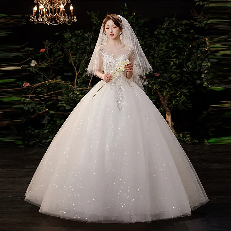 Abito Da Sposa Paillettes Brillanti Abiti Da Sposa Eleganti Colletto Tondo Mezza Manica Abiti Da Sposa Su Misura Suknia Slubna