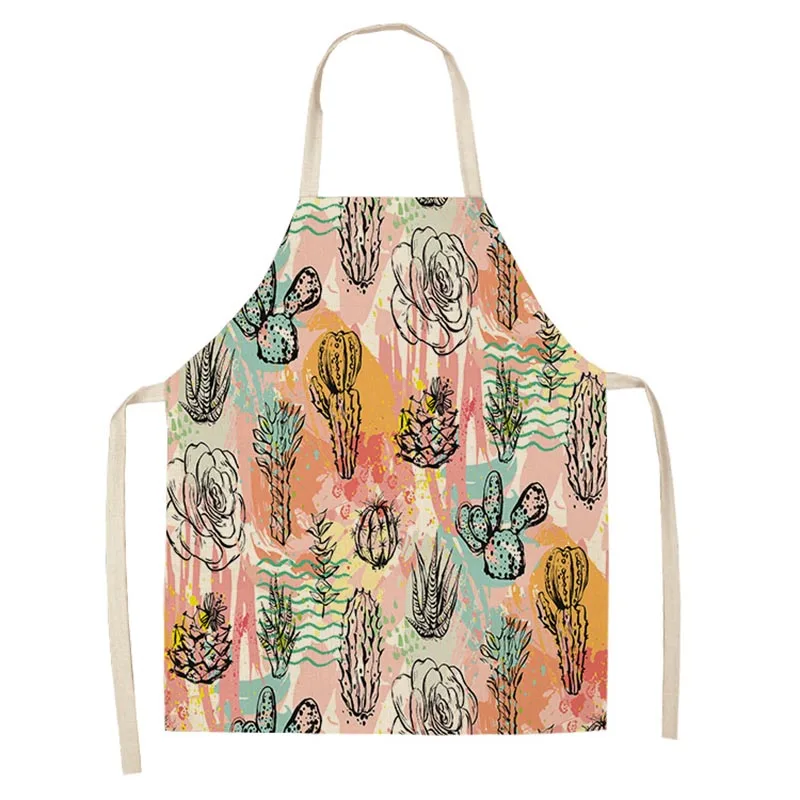 Cotton Linen Sleeveless Kitchen Apron Cactus Printing Washable Cooking Aprons 