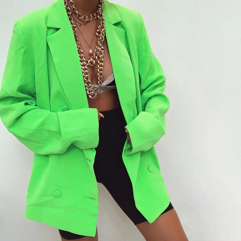 ZOOEFFBB неоновые зеленые женские блейзеры и куртки осеннее Свободное пальто с длинными рукавами уличная модная офисная одежда блейзеры больших размеров