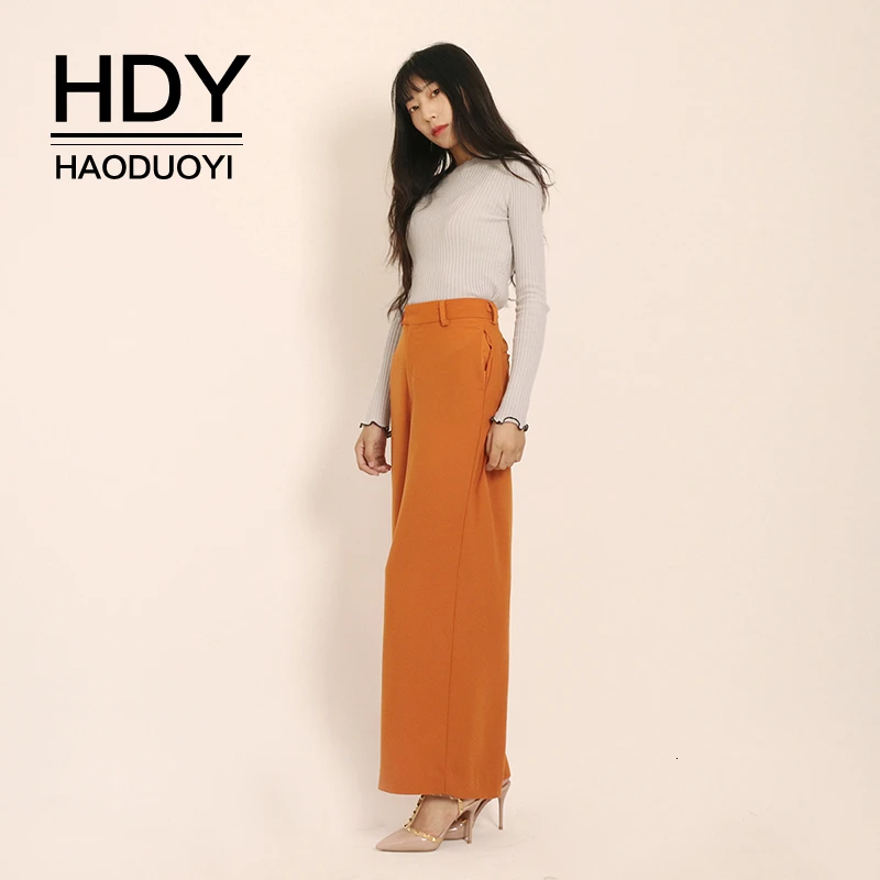

HDY Haoduoyi 2019 New Arrival Stylish Leisure Autumn Fashion Simple Casual OL Temperament Solid High Waist Long Wide Leg Pants