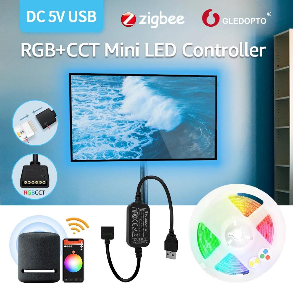 ZIGBEE Led Strip Controller Mini Dimmer DC5V RGBCCT Colors Strip Light USB Controller Hub APP/Alexa Voice Control LED Light