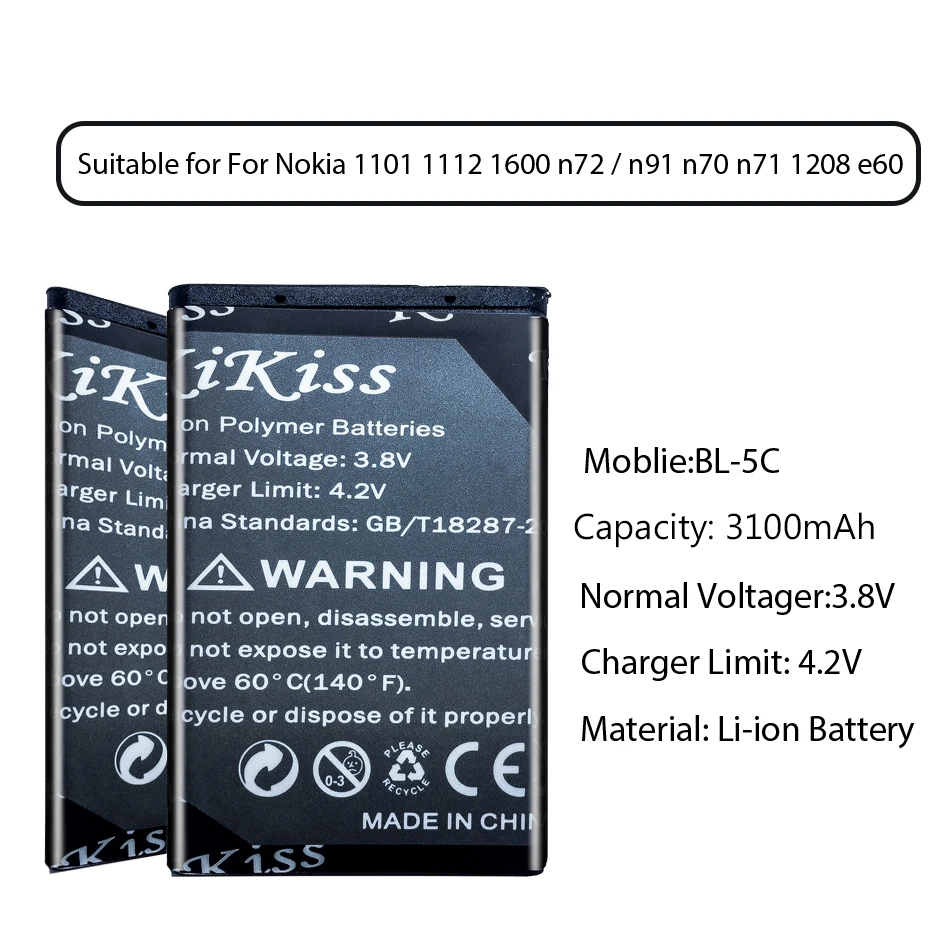 3100 мА/ч, BL-5C BL 5C Батарея для Nokia n70 n71 1112 1208 1600 6230 6330 6263 6267 6270 6555 6600 6630 6670 6680 6681 6682 6820