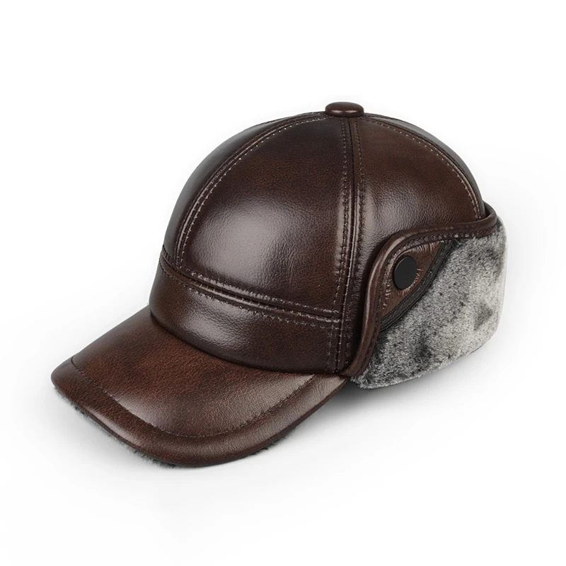 leather bomber hats High Quality Genuine Leather Hats Winter First Layer Cowhide Warm Earmuffs Bomber Caps Plus Velvet Thicken Man Bone Caps Dad Hat brown leather bomber hat