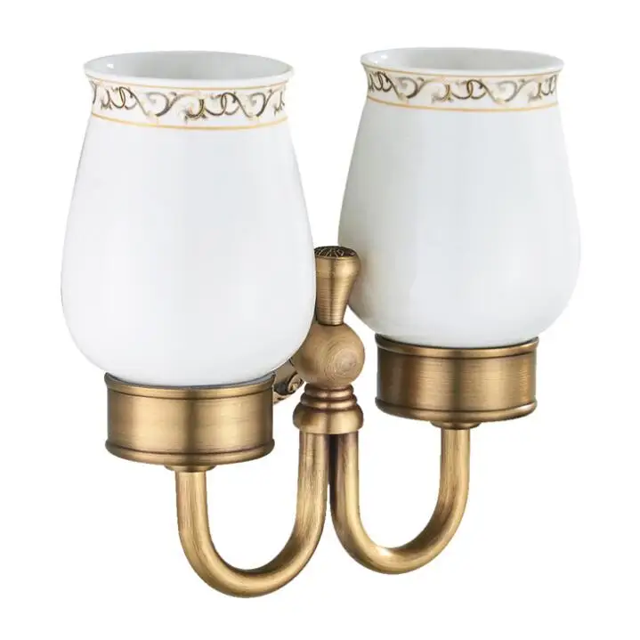 wall mount antique double cup holder Brass+Glass Bathroom Accessories cup Tumbler Holders,Toothbrush Cup Holders F8308