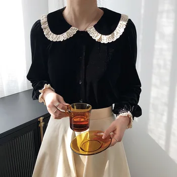 

2020 Spring New Arrive Women Shirt Gold Velvet Office Lady Full Regular Sleeve Solid Peter Pan Collar Lace Princess Style Top