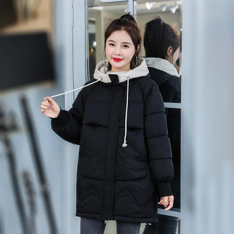 Зимнее женское пальто, Женская куртка с капюшоном, длинная парка, осенняя свободная теплая хлопковая пуховая куртка - Цвет: Черный