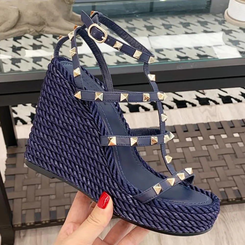 

BELLECOM Summer 2019 New Type Waterproof Table Rivet Open-toed Thick-soled Sexy High-heeled Shoes for Women's Slope heels