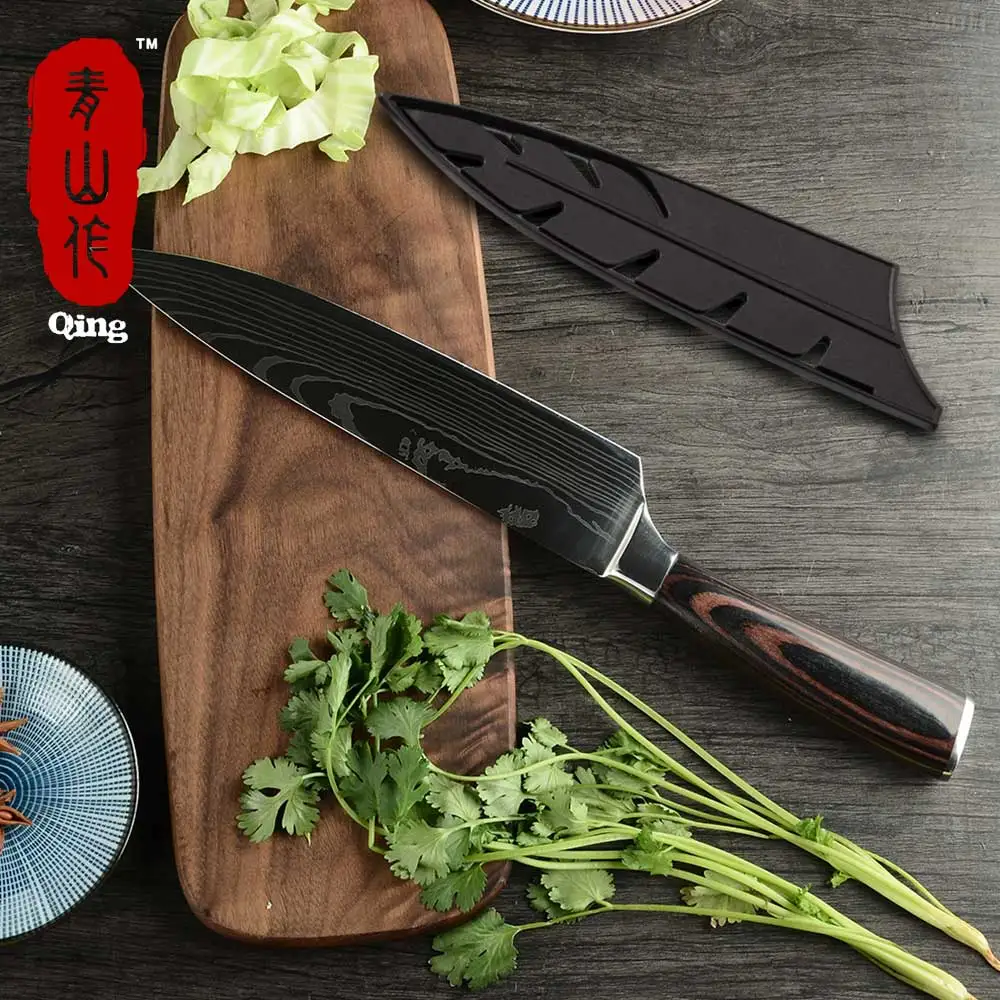 Qing 8 дюймов лазерный дамасский нож из нержавеющей стали кухонный нож Ультра острое лезвие цвет деревянной ручкой японский нож для мяса