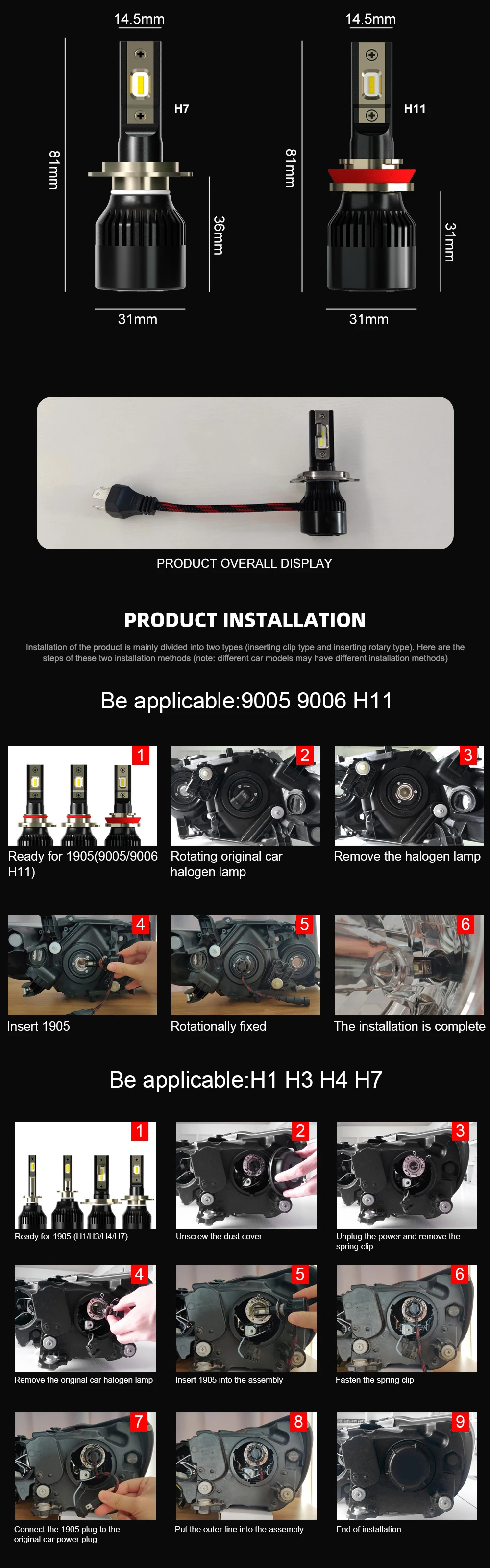 1 Pair ECAHAYAKU High intensity Car LED Headlight Kit H1 H4 H7 H11 9005 9006 HB3 HB4 H8 H9 9003 HB2 6000K LED Fog Lamp Bulbs 12V