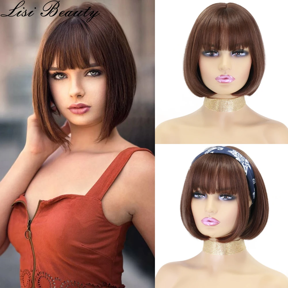 

Short Bob Wig With Bangs Synthetic Wigs For Women Ombre Black Red Brown Blonde Lolita Cosplay Party NaturalHair High Temperature