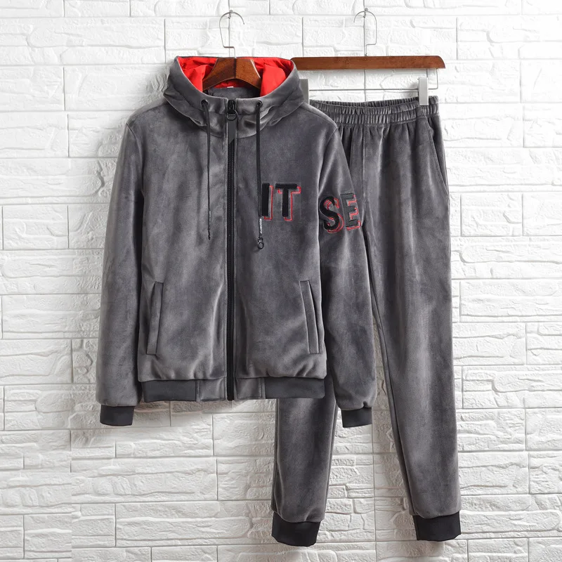 

2018 Autumn And Winter New Products Men Outdoor Gold Velvet Long-sleeve Suit Korean-style Youth Cardigan Hooded Solid Color Two-