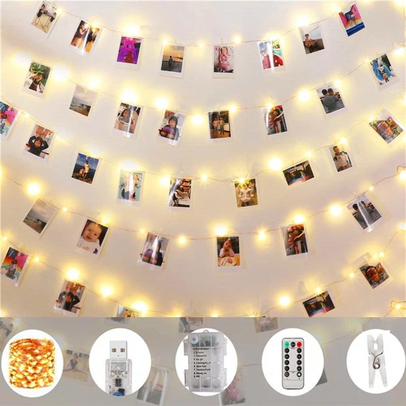 

5/10/20/M Photo Clip USB LED String Lights Fairy Lights Outdoor Battery Operated Garland Christmas Decoration Room Party Wedding